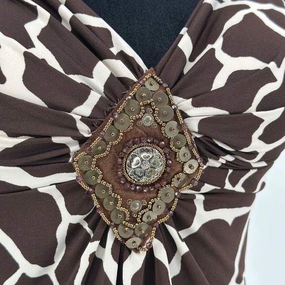 Y2K Heart Soul Brown Halter Giraffe Animal Print Maxi Beaded Dress Sz Medium - Picture 2 of 6